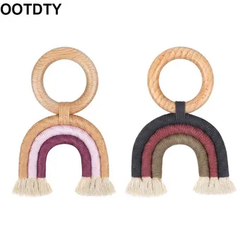 

Wooden Baby Teether Rainbow Tassel Macrame Wooden Boho Baby Teether Cotton Cord Wood Teething Toy Shower Gift Handmade
