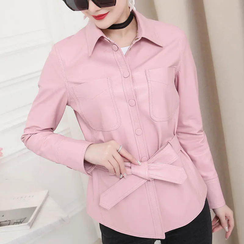 2022 New Women Natural Sheepskin Jacket Pockets Belted Slim Fit Genuine