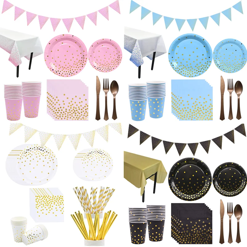 

Gold Dot Blue/Pink/Black Paper Plates Cup Straw Napkin Disposable Tableware Set Wedding Birthday Party Deco Supplies Baby Shower