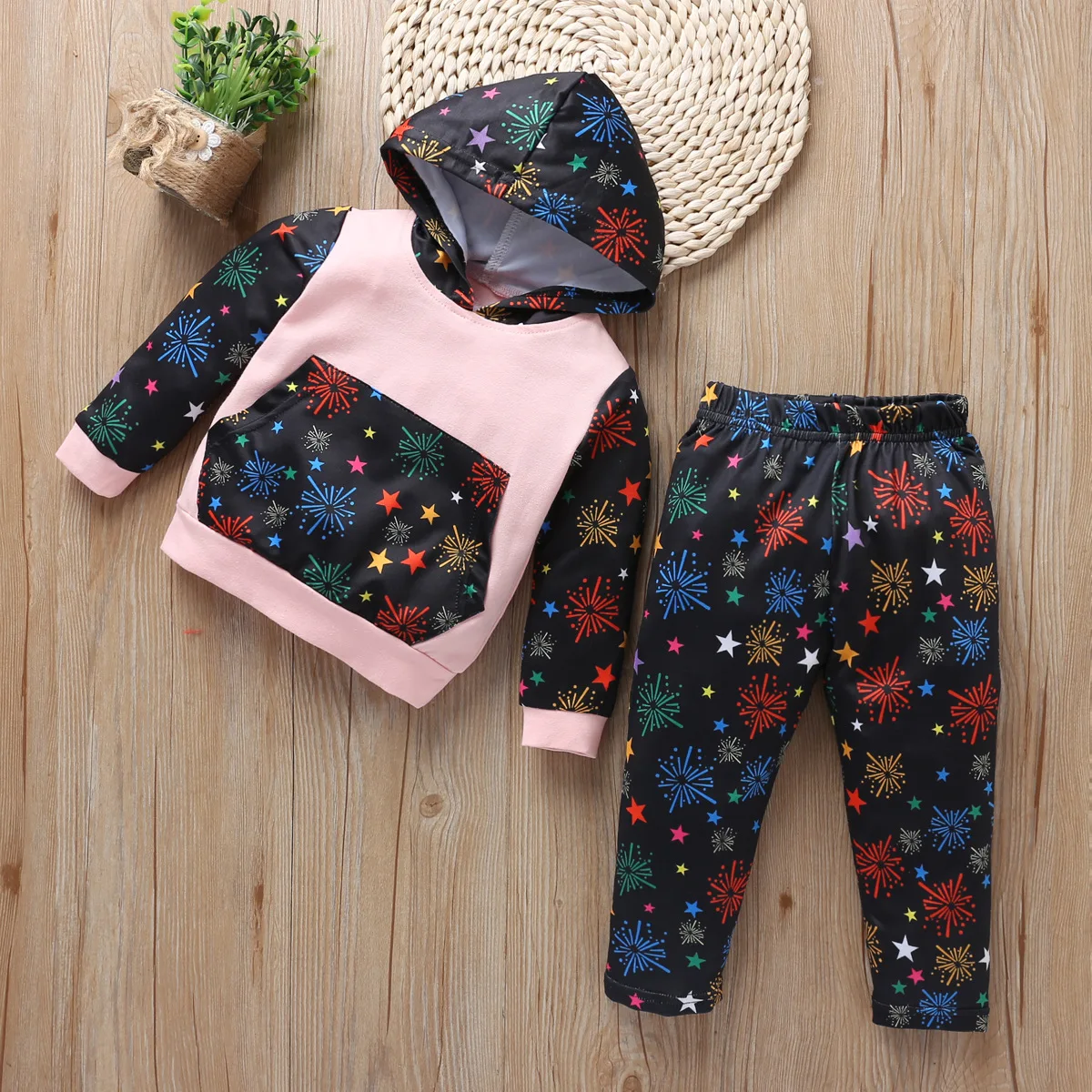 

Baby Girls Cloths Sets Children's Fireworks Star Print Hooded Long-sleeved Girls Top Pants 2Piece Set Autumn Kids Suits