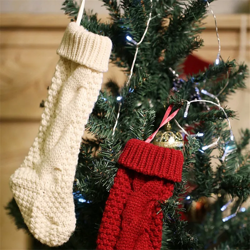 Новогодний Декор рождественские чулки носки вязаные Санта Клаус Конфеты Подарочная сумка Рождественские висячие украшения Рождественский чулок мешок для дома