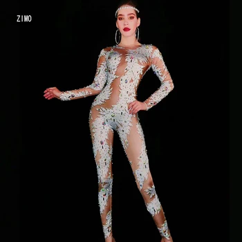

Petal Leaf Pattern Elastic prom jumpsuit Sparkly Rhinestone Skinny Bodysuit Leggings Singer Stage Outfit Show Dance Costume club