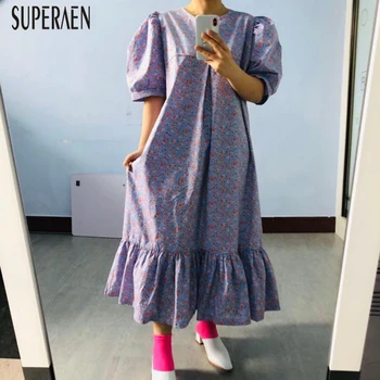 

SuperAen Fashion Long Dress Female Summer 2020 New Cotton Women Dress Puff Sleeve Mermaid Dress Sweet Beach Female
