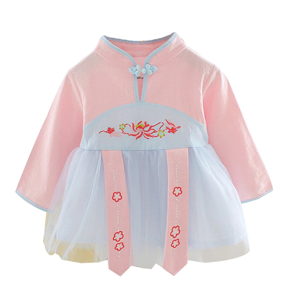 WFZ17 Lovely Baby Clothes,Newborn Baby Girl Chinese Classic Floral Long Sleeve Tulle Dress Princess Top Blue 0-6M