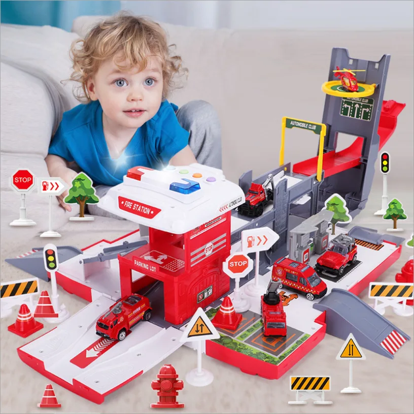 

DIY sound and light deformation scene car fire truck can store engineering vehicle set children's educational toy gift