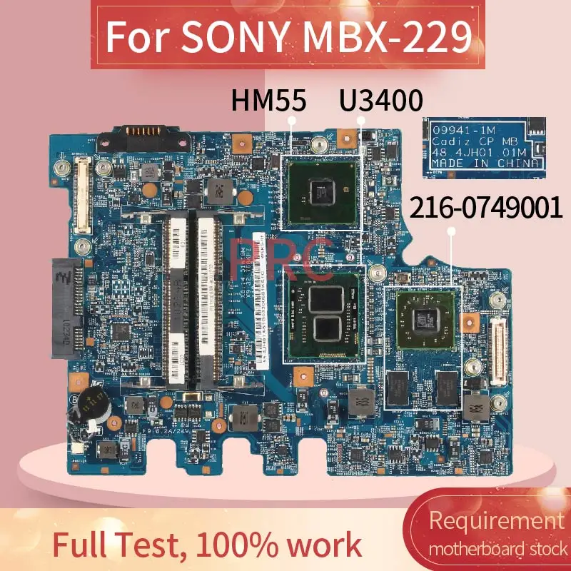 

A1790088B For SONY MBX-229 U3400 Laptop Motherboard 09941-1M 216-0749001 DDR3 Notebook Mainboard