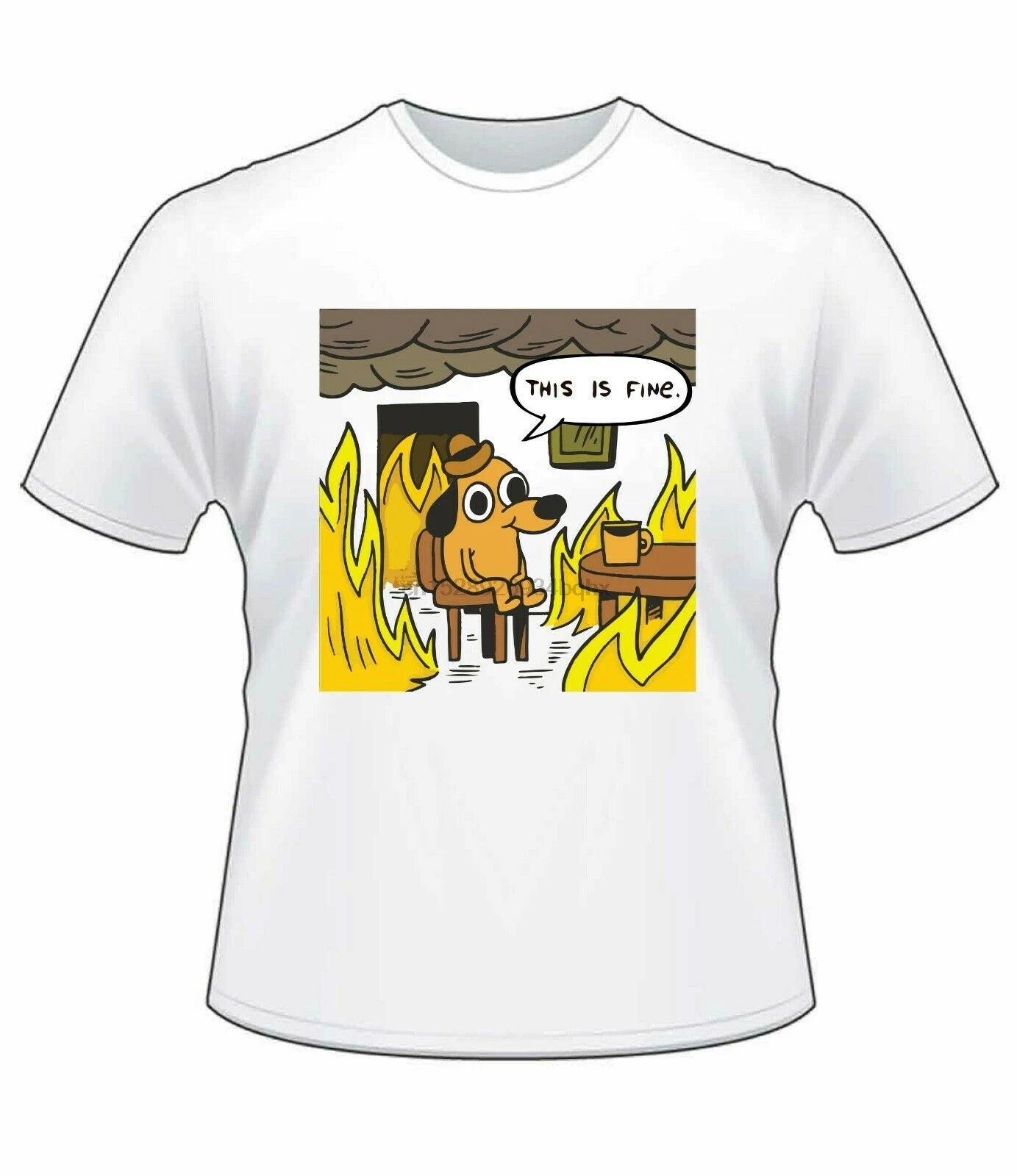 

This Is Fine Dog With Coffee Sitting In Fire Meme T-SHIRT