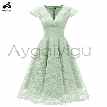 

Aygaiyigu Plus Size Women Lace Dress Big Size Ladies Party Midi Dresses V-neck Petal Sleeve Vintage Cocktail Clothing