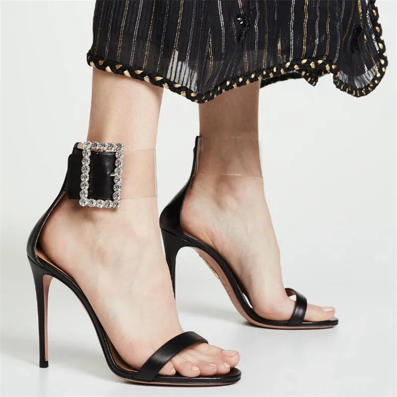 

2020 Summer New Crystal Ankle Strap Sandals Women Sexy Open Toe PVC Zipper Thin High Heels Sandals Female Wedding Shoes