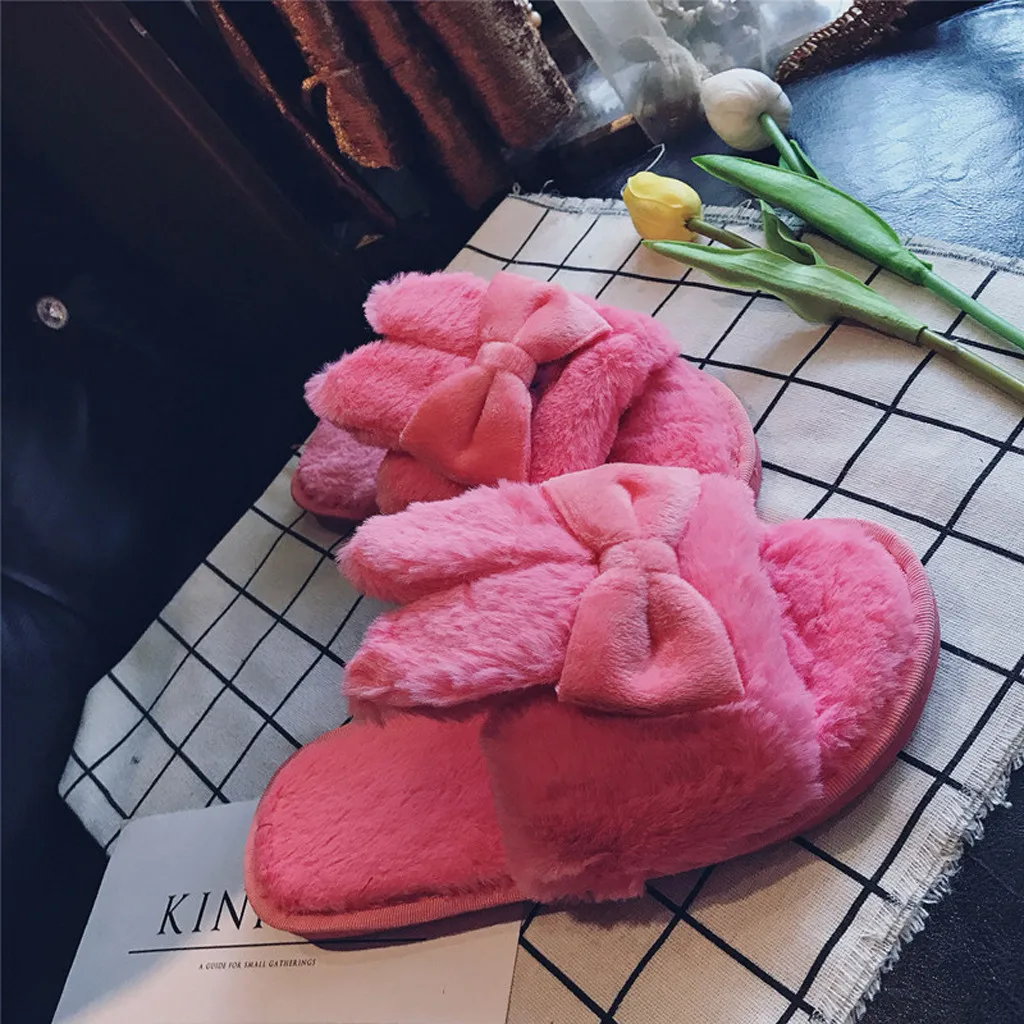 Hot Pink SAGACE обувь осень-зима Для женщин Для мужчин; теплые домашние тапочки для девочек покрытие(флок), плоская подошва, хлопок кроликов ушки с бантом сандалии с открытым носком - Цвет: Hot Pink