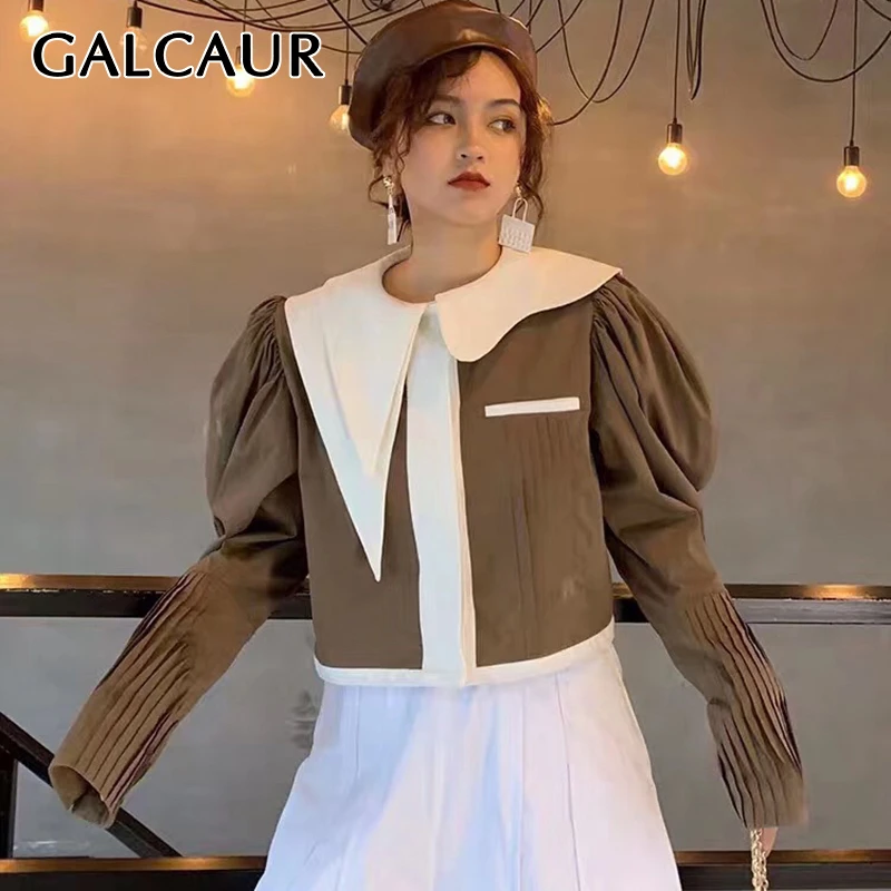 

GALCAUR Patchwork Hit Color Women's Jacket Asymmetrical Collar Lantern Long Sleeve Korean Female Coat 2019 Autumn Fashion New