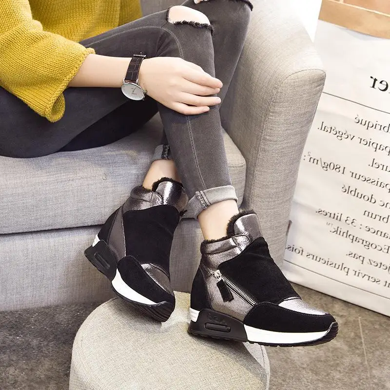 Zapatos de invierno para mujer, botas de cuero de ante a la moda, tenis con  aumento de altura, botas de nieve cálidas de felpa, 2020|Zapatos de tenis|  - AliExpress