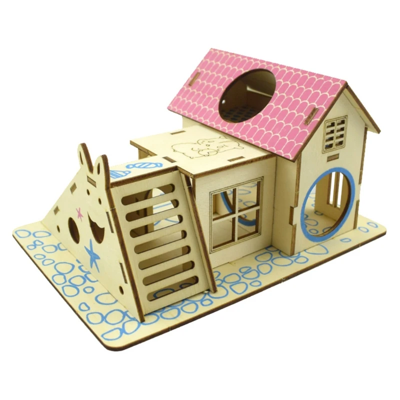 Hamster Hideout Wooden Hut Small Animals Double Layer Villa Rat Room House Cage Exercise Toy with Ladder Board small animals pet exercise toy pet toys hamster toy