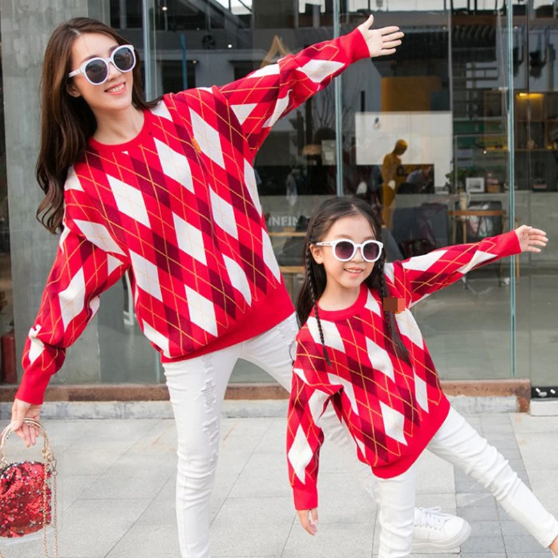 New Rhombic Grid Pullover Top Sweater Mom And Daughter Matching Clothes Knitted Pullovers Mother Me Family Outfits | Мать и ребенок