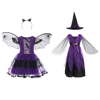 

Kids Girls Halloween Cospla Dress Witch Bat Costume Outfit for Holiday Carnival Role Play Fancy Dress Masquerade Party Supplies