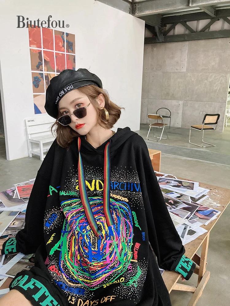 

2020 Autumn and Winter Women Loose Plus Size Print Adjustable Waist Zipper BF Hoodies