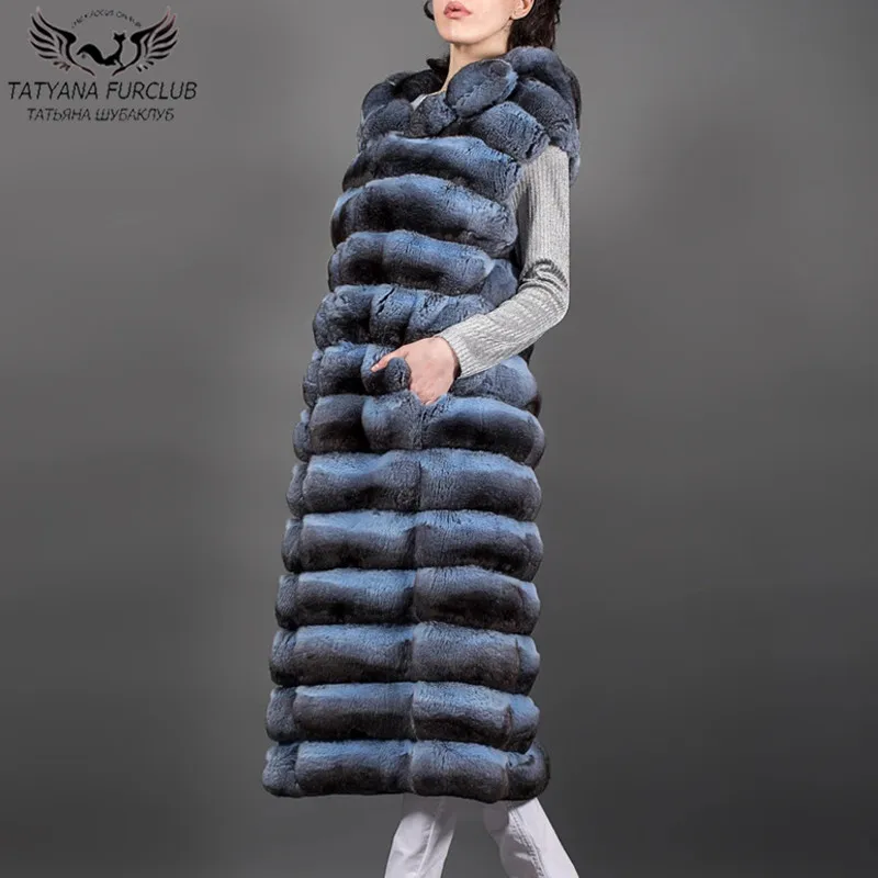 

110cm Long Rex Rabbit Fur Coat With Hood Natural Woman Whole Skin Genuine Rabbit Fur Jackets Short Sleeve Warm Overcoats Luxury