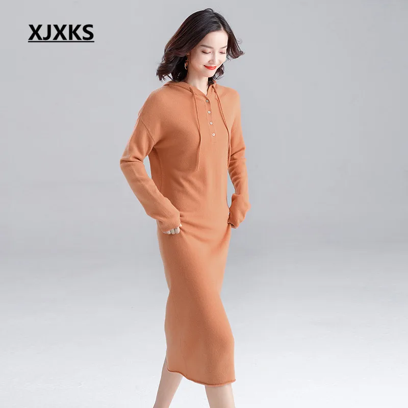 XJXKS wool knitted dress women pullover autumn winter new fashion hooded loose plus size casual women long sweater - Цвет: Оранжевый