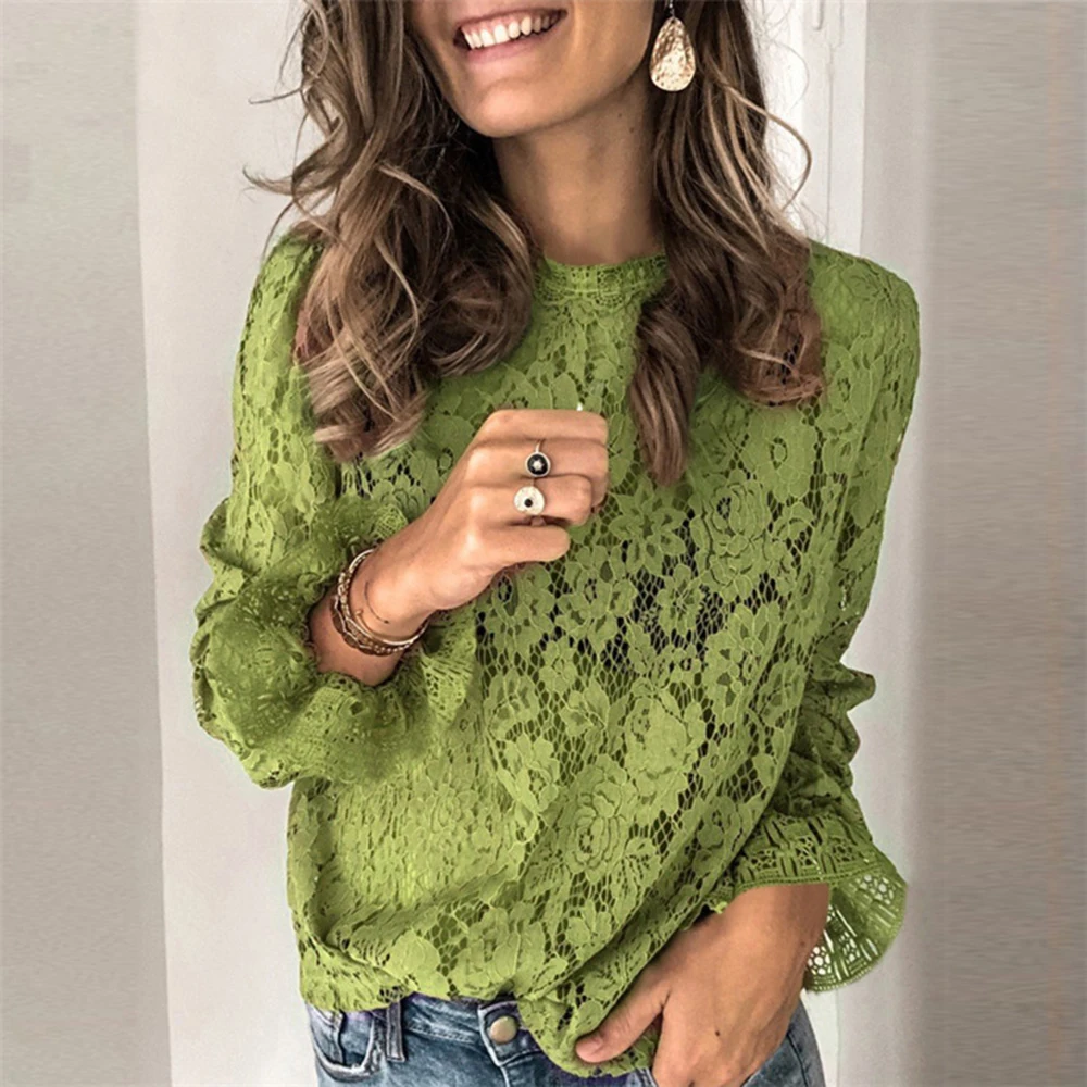 Sexy Long Sleeve Hollow Out Lace Shirt Blouse Woman Spring Fall Casual O-neck Solid Shirts Top Femme Black Loose Women Clothing