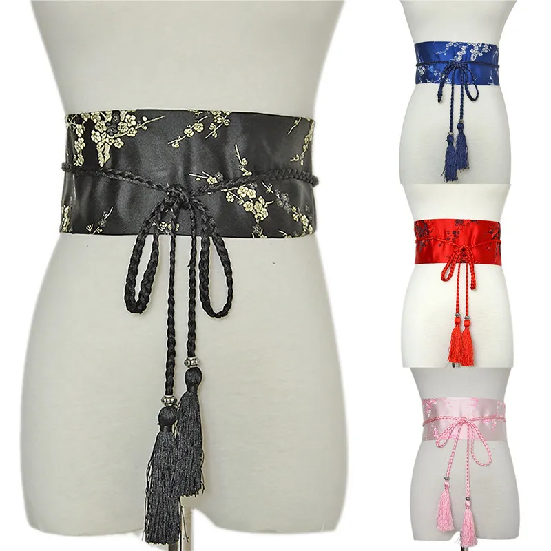 

Fashion Female Wide Corset Cummerbunds Kimono Belt Women Vintage Floral Printed Yukata Sash Tie Satin Waistband Lady