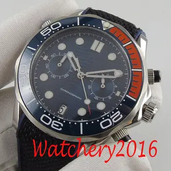 

41mm Quartz Mens Watch Sapphire Sterile Chronograph Date Blue dial Rubber Strap