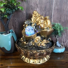 Regalos hechos a mano, decoraciones Feng Shui de la suerte, estatuas de Buda Maitreya doradas, fuentes de agua de escritorio para interiores con bolas Led brillantes