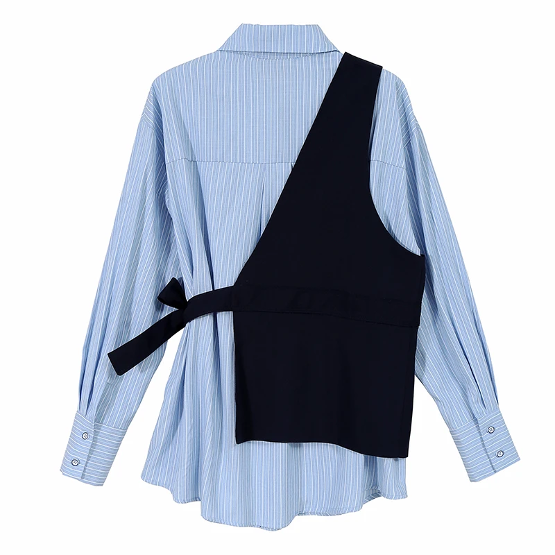 Fake Two Piece 2020 Woman Blue Striped Blouse Long