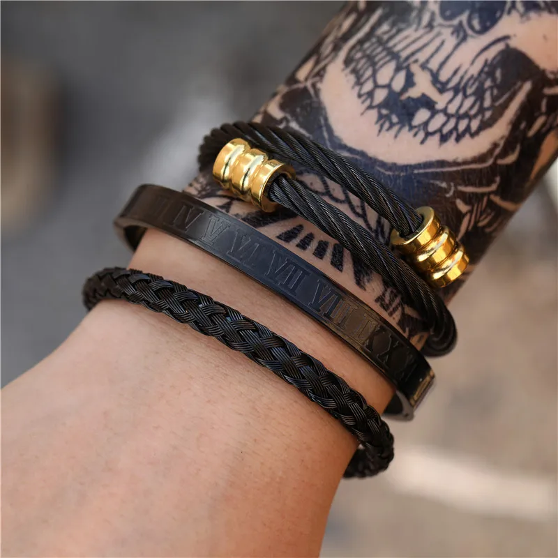 3Pcs/Set Gold Silver Color stainless steel Braided bracelet, Roman numeral dark punk heavy metal bracelet For Men Women Gift bracelet jewelry