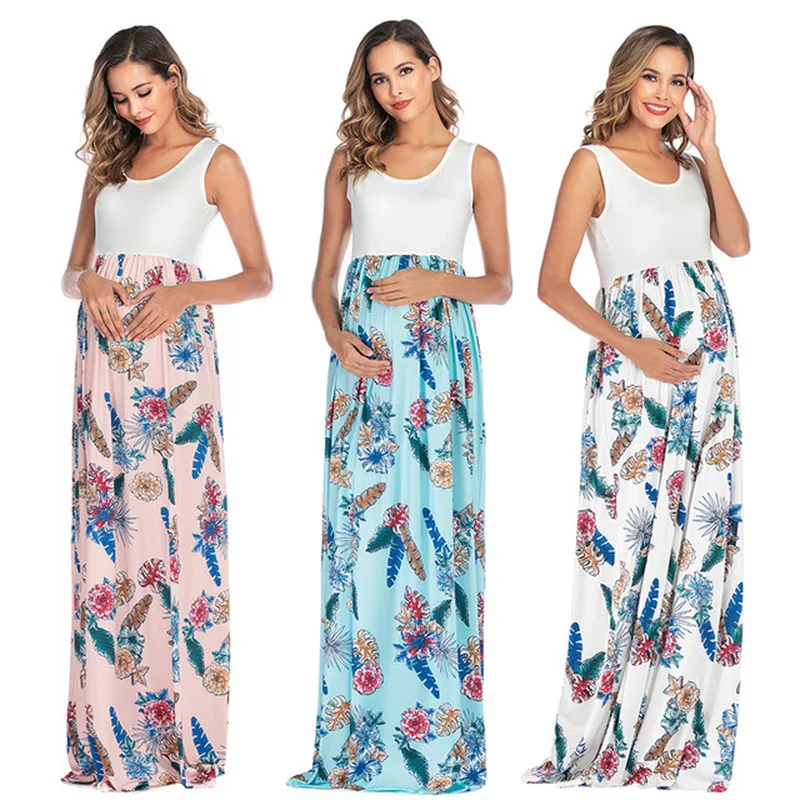 

Newest Creative Design Fashion Women Dress Retro Print Maternity Dresses Sleeveless Boat Neck Casual Splice Pregnant Dress