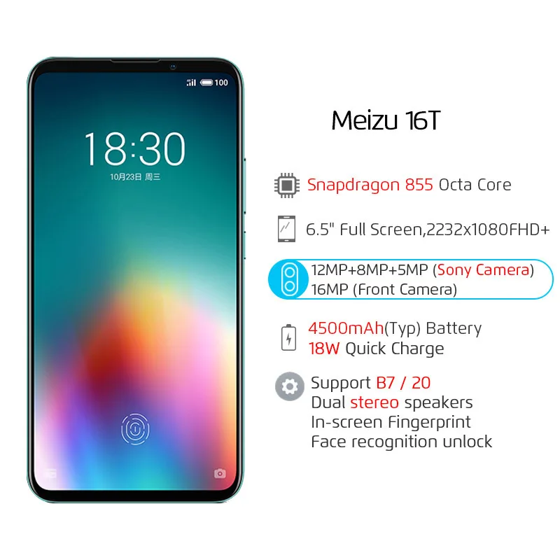 Meizu 16 T, 6 ГБ, 128 ГБ, 8 ГБ, 256 ГБ, Смартфон Snapdragon 855, тройная камера, 4500 мА/ч, большая батарея, стерео, два динамика