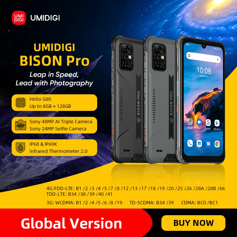 Смартфон UMIDIGI BISON Pro 128 ГБ IP68/IP69K Helio G80 NFC камера 48 МП экран 6 3 дюйма FHD + 5000 мАч |