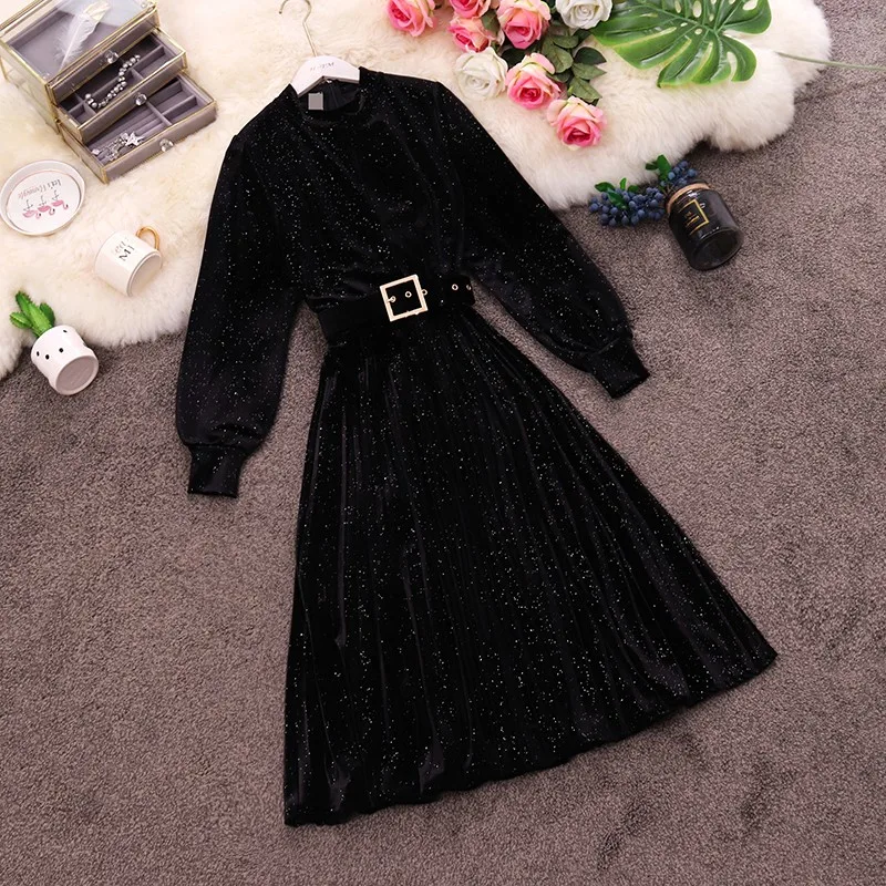 Spring New Women Dresss O Neck Lantern Sleeve Sequined High Waist Belt Dress Blingbling Female Elegant Party Dresses