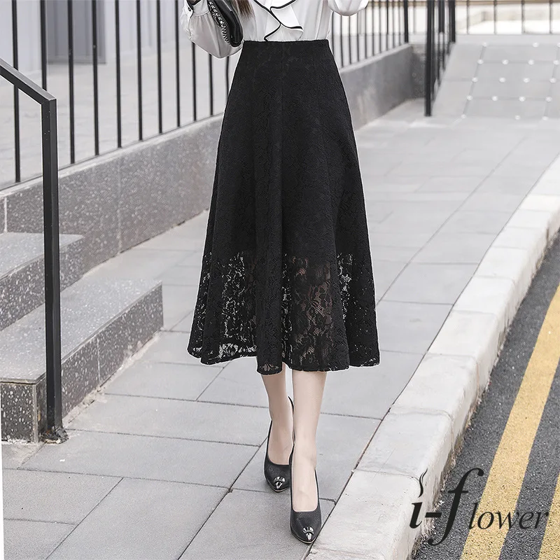 

Women's Long Elastic High-Waist Back Zipper Fly Lace Skirt, Large Swing Umbrella Skirt, Elegant Fashion, Summer