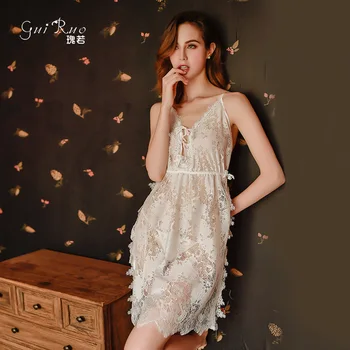 

Nightgowns Women Four Seasons Women's Nightdress Side Slit Bathrobe Lace Dress Home Night Dress Sexy Sleepwear Silk Lingerie