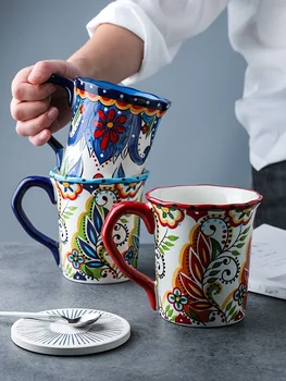 

Bohemian style hand-painted ceramic coffee cup mark not easy to slide Cup Office water Cup Tea Cup Breakfast Milk Cup flounced c