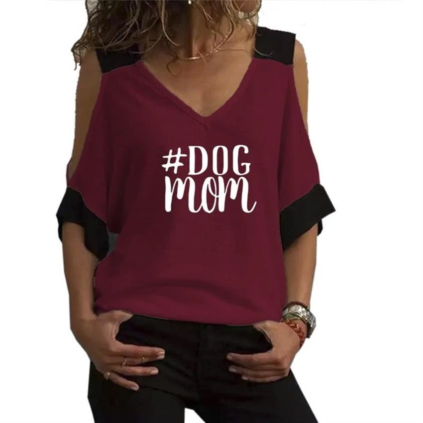 

New Arrival DOG MOM Letters Print T-Shirt For Women Contrast Strapless V-Neck T-Shirt Tshirt Women Top Graphic Tees Women