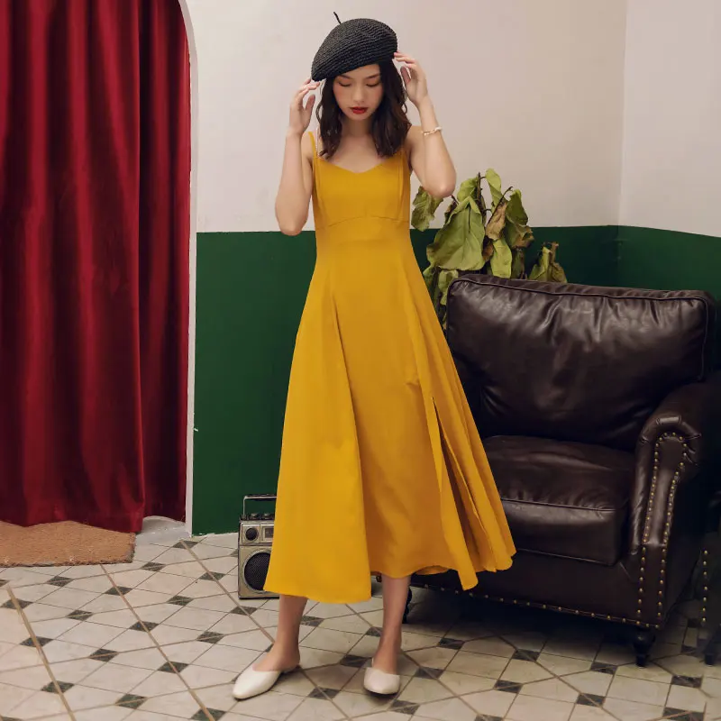 

Long Yellow Women Slip Dress Summer 2020 Runway Elegant Party Split Dress Backless Tropical Beach Vacation Sun Dress Korean