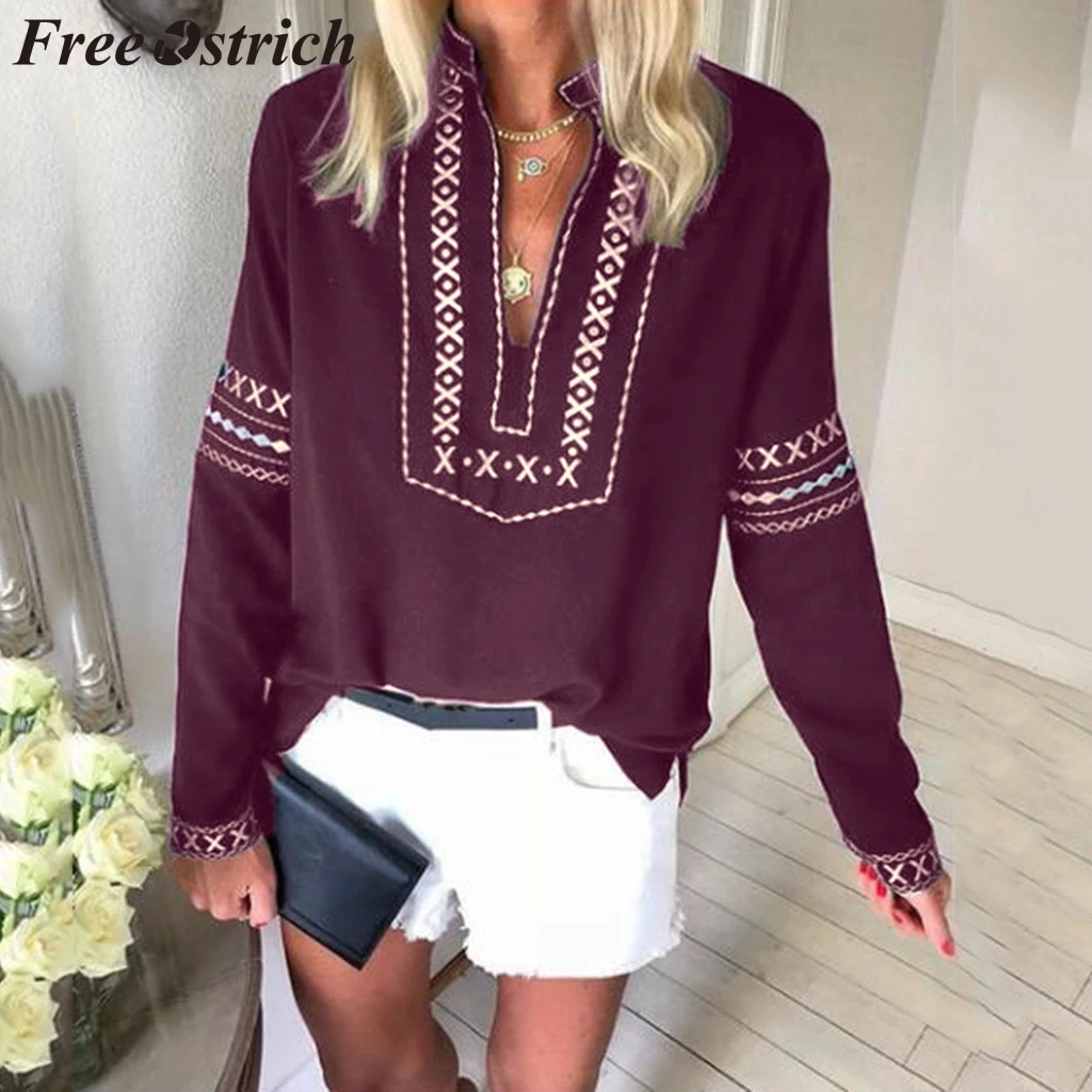 

FREE OSTRICH Womens Tops And Blouses Bohemian Ethnic Print Long Sleeve Sold Elegant Sexy Autumn And Winter Blouses Woman 2019