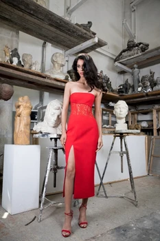 

CY red strapless dresse sexy backless open fork Bandage dress elegant fashion celebrity party dress lade see-through women dress