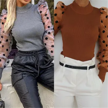 

Elegant Women Mesh Sheer See-Through Top Shirts Women Blouse Long Puff Sleeve Polka Dot Loose Autumn Soft Outwear Female Tops