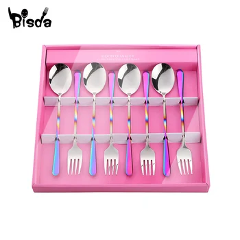 

8Pcs Flatware Fork Spoon Set Stainless Steel Dinnerware with Box Rainbow Salad Spoons Forks Party Travel Gift Dinner Utensils