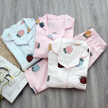 

Cartoon strawberry pajamas set Spring Autumn women's pyjamas Gauze cotton Sleepwear Loose Homewear Nightwear Large size pijamas