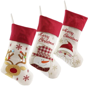 

Lovely Christmas Stockings Set of 3 Santa, Snowman, Reindeer, Xmas Character 3D Plush Linen Hanging Tag Knit Border