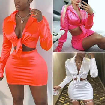 

Summer Women 2pcs Set Sexy Satin Casual Crop Tops Tight Skirt Party Nightclub Two Pieces Sets