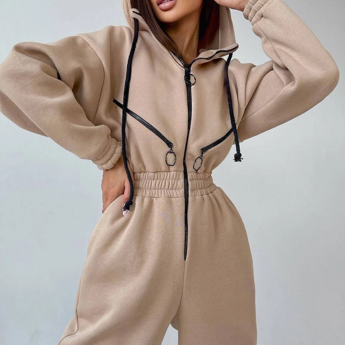 jogging suits women Casual Women Basic Hoodie Two Piece Sets Zipper Drawstring Jacket Outerwear And Elastic Pencil Pant Suit Fall Winter Tracksuit dressy pant suits to wear to a wedding
