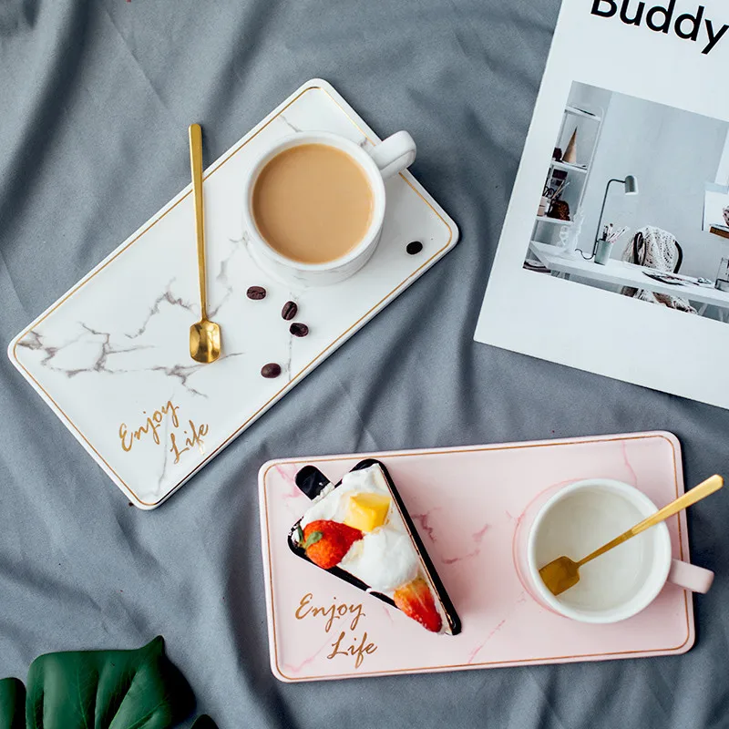 Marble Pattern Ceramic Coffee Mug with Dessert Snack Dish Set Phnom Penh Office Milk Tea Cup Tumbler Creative European Mugs Gift | Дом и сад
