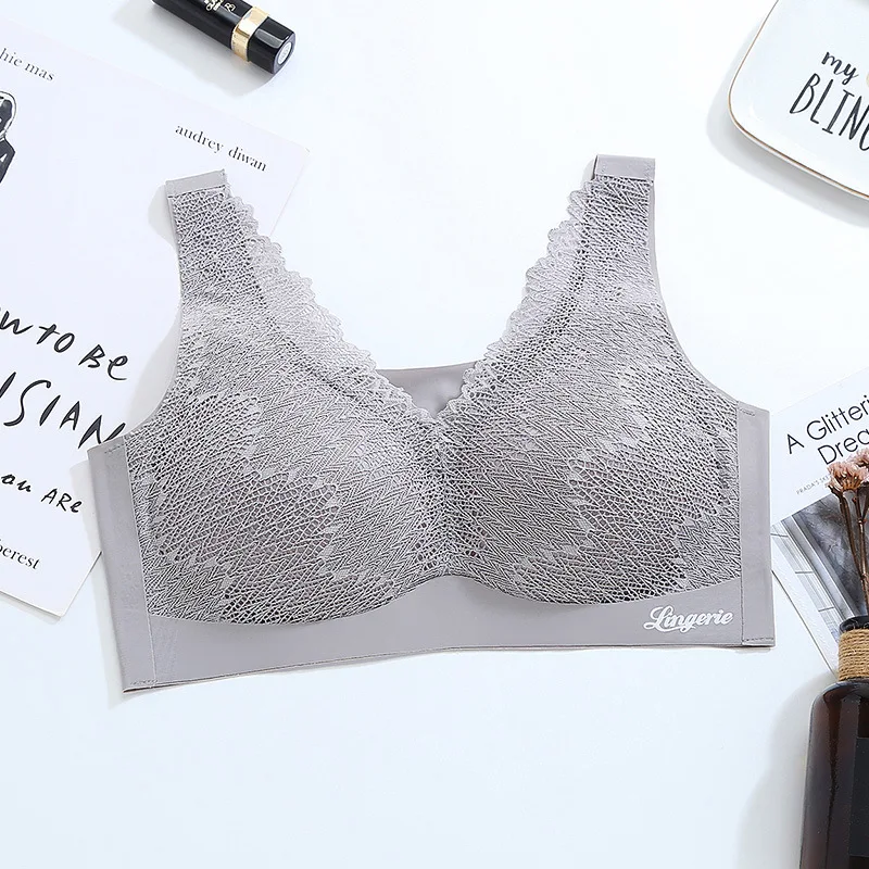 Wasteheart Women Fashion Black Pink Gray Wireless Lace Padded Bras Sexy One-Piece Bras Bralette Cup A B Underwear Seamless