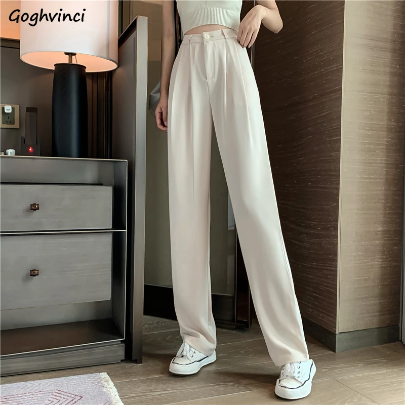 

Women Casual Suit Pants Solid High Waist Slim All-match Full-length Trousers Quality Thin Button Streetwear Ulzzang Simple