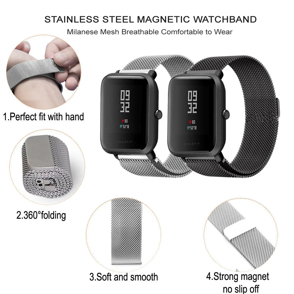 4in1 Smartwatch Accessories For Xiaomi Huami Amazfit Bip Strap Stainless Steel Bracelet Magnet With Plating Case Protector Film