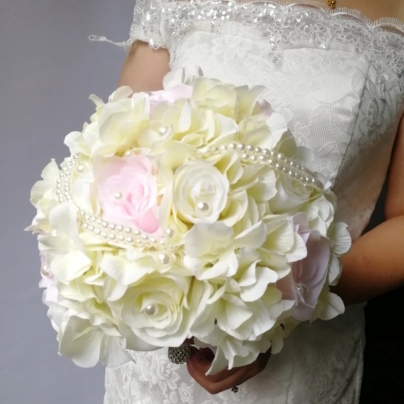 Свадебные букеты цветы жемчуг шелковые цветы цвета слоновой кости и розовый искусственный свадебный букет